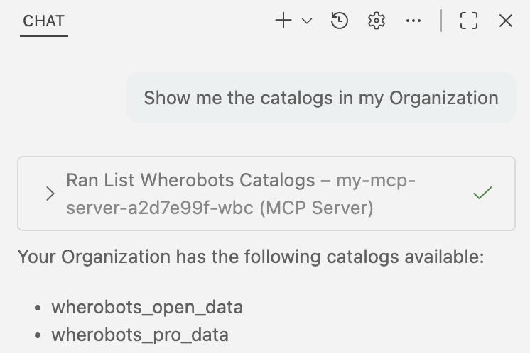 Screenshot showing the MCP server catalogs response in Copilot Chat