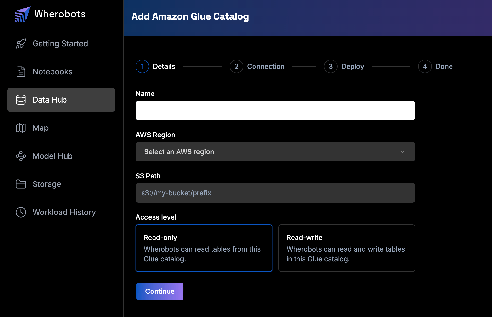 The Details step of the Add Amazon Glue Catalog wizard