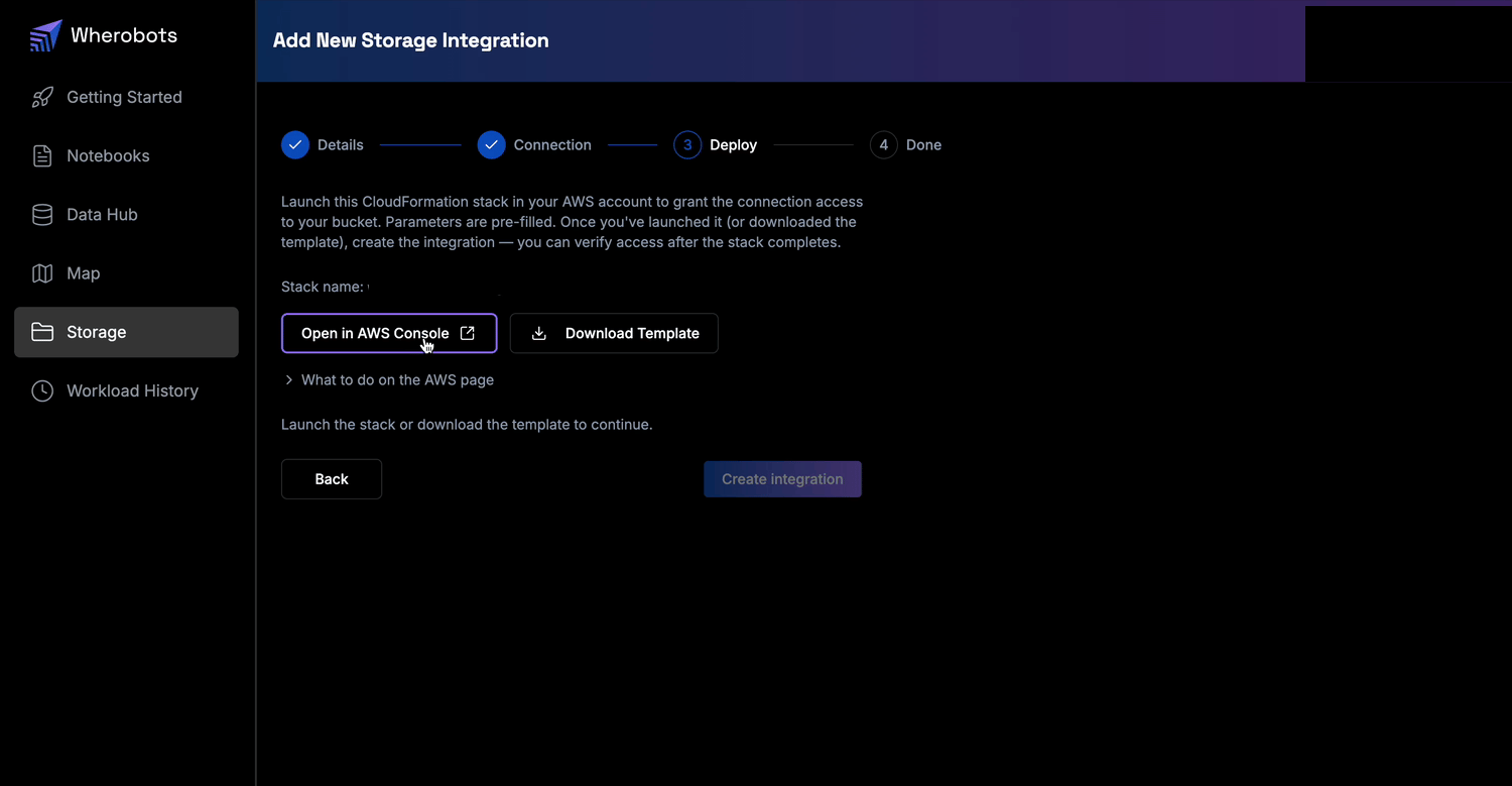 The Deploy step of the wizard, with Open in AWS Console, Download Template, and Create integration buttons