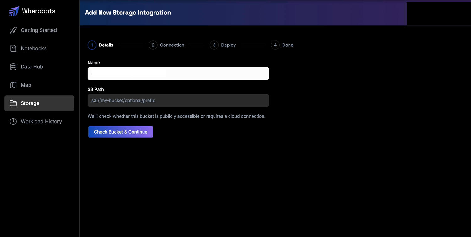 The Details step of the Add New Storage Integration wizard, with Name and S3 Path fields