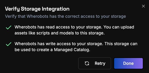 The Verify Storage Integration dialog showing successful read and write access checks