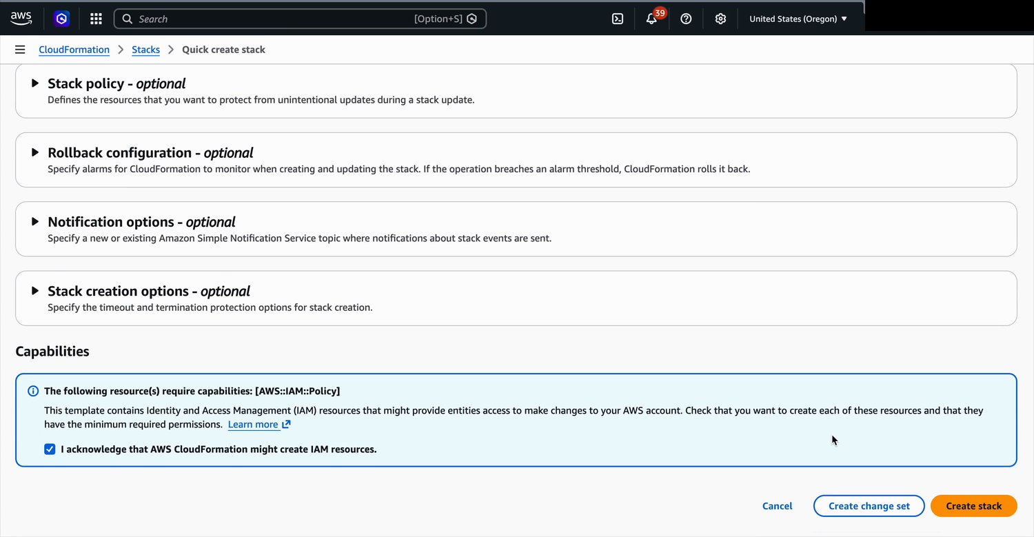 The Capabilities section of the AWS Quick create stack page with the IAM acknowledgment checkbox selected