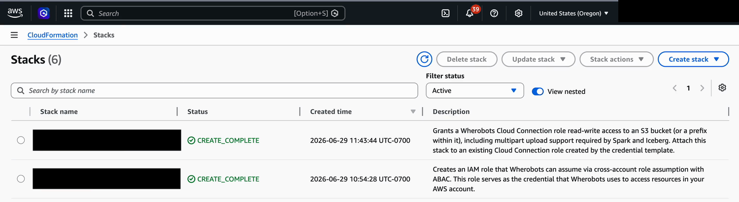 Two CloudFormation stacks — a Wherobots connection stack and a storage read-write stack — both showing CREATE_COMPLETE