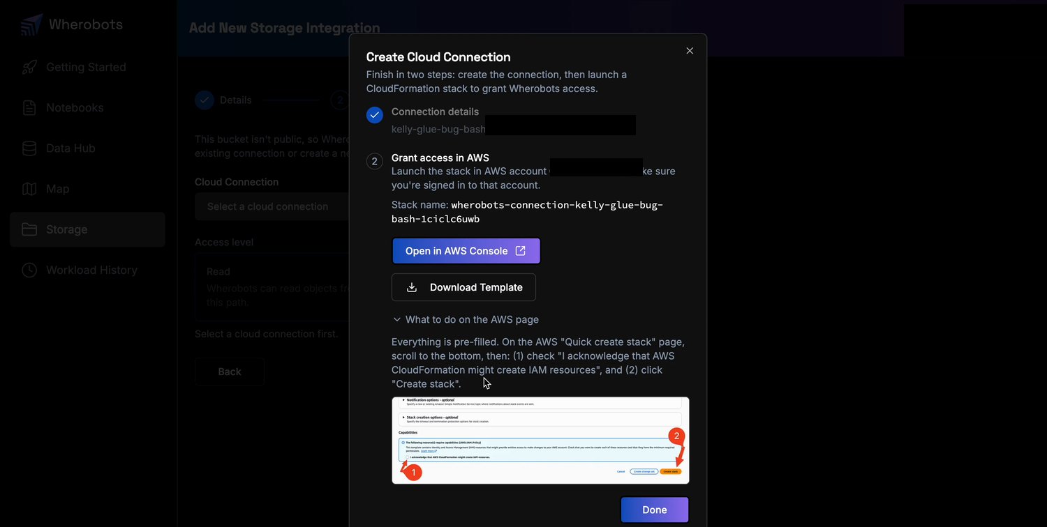 The Grant access in AWS step of the Create Cloud Connection dialog, with Open in AWS Console and Download Template buttons