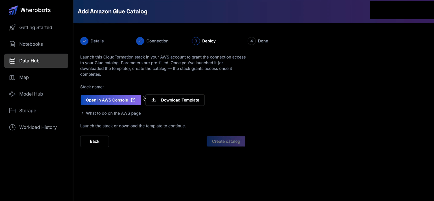 The Deploy step of the Add Amazon Glue Catalog wizard, with Open in AWS Console and Create catalog