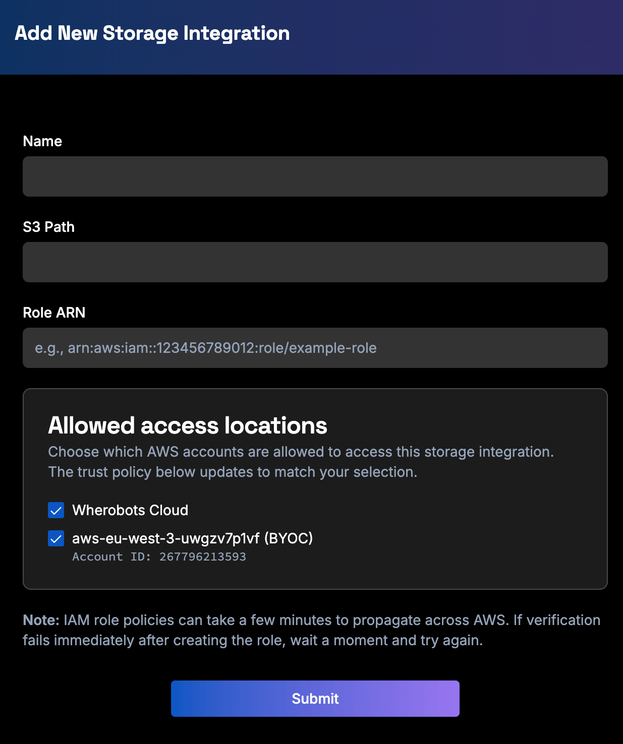 Allowed access locations checkboxes on the Add New Storage Integration form