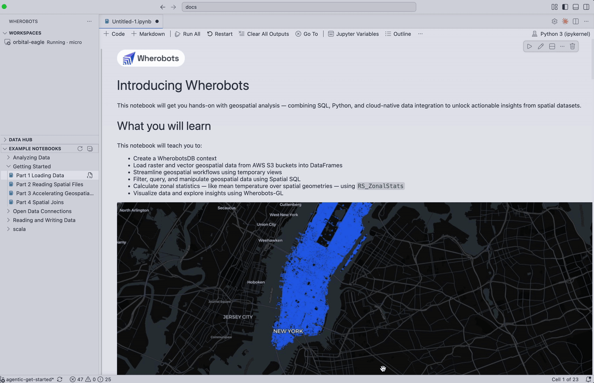 Selecting the Wherobots kernel and running all cells