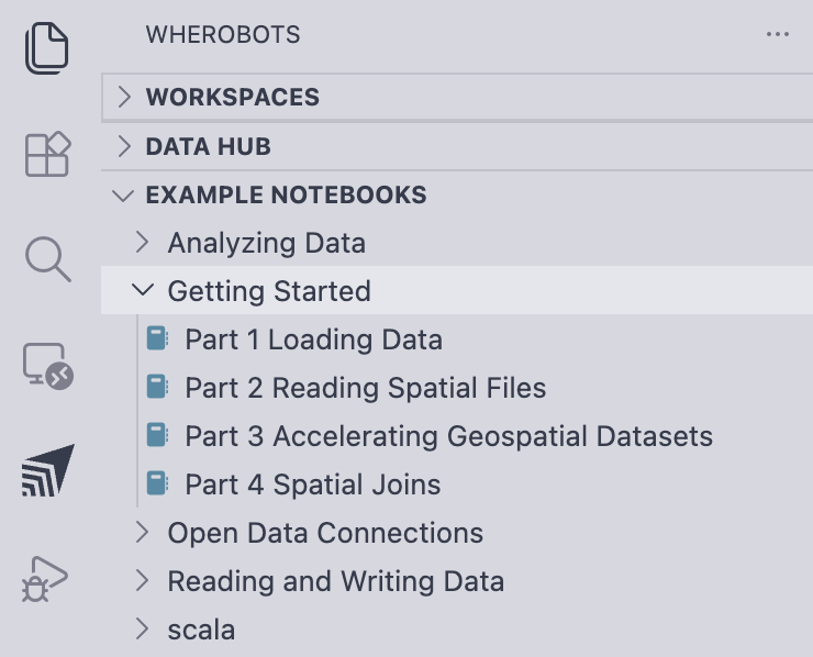 Wherobots sidebar showing the Example Notebooks browser with the Getting_Started folder expanded