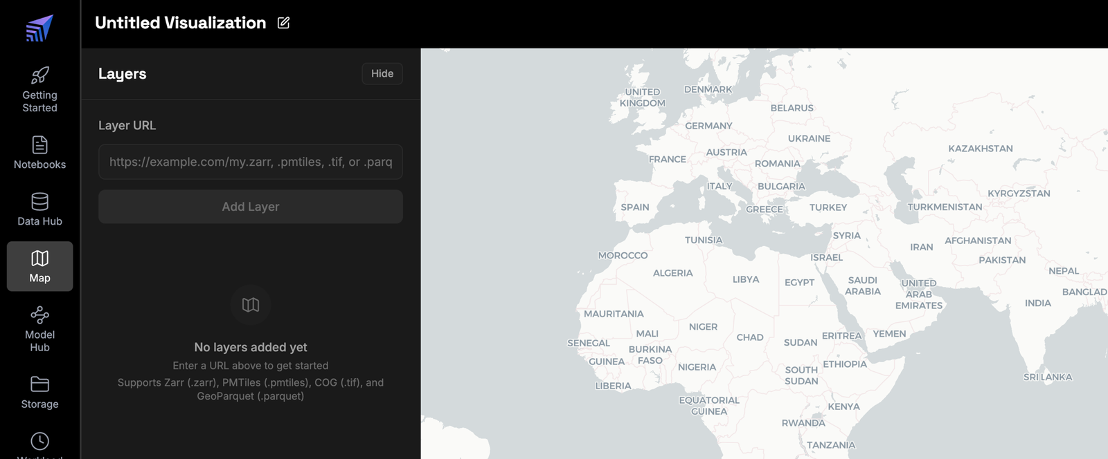 The Wherobots Cloud Map page showing the empty Layers panel with the Layer URL field and Add Layer button beside a world basemap