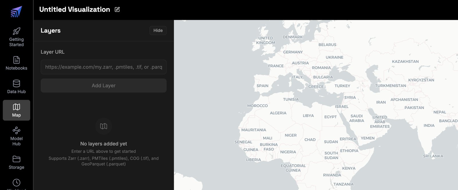 The Wherobots Cloud Map page showing the empty Layers panel with the Layer URL field and Add Layer button beside a world basemap