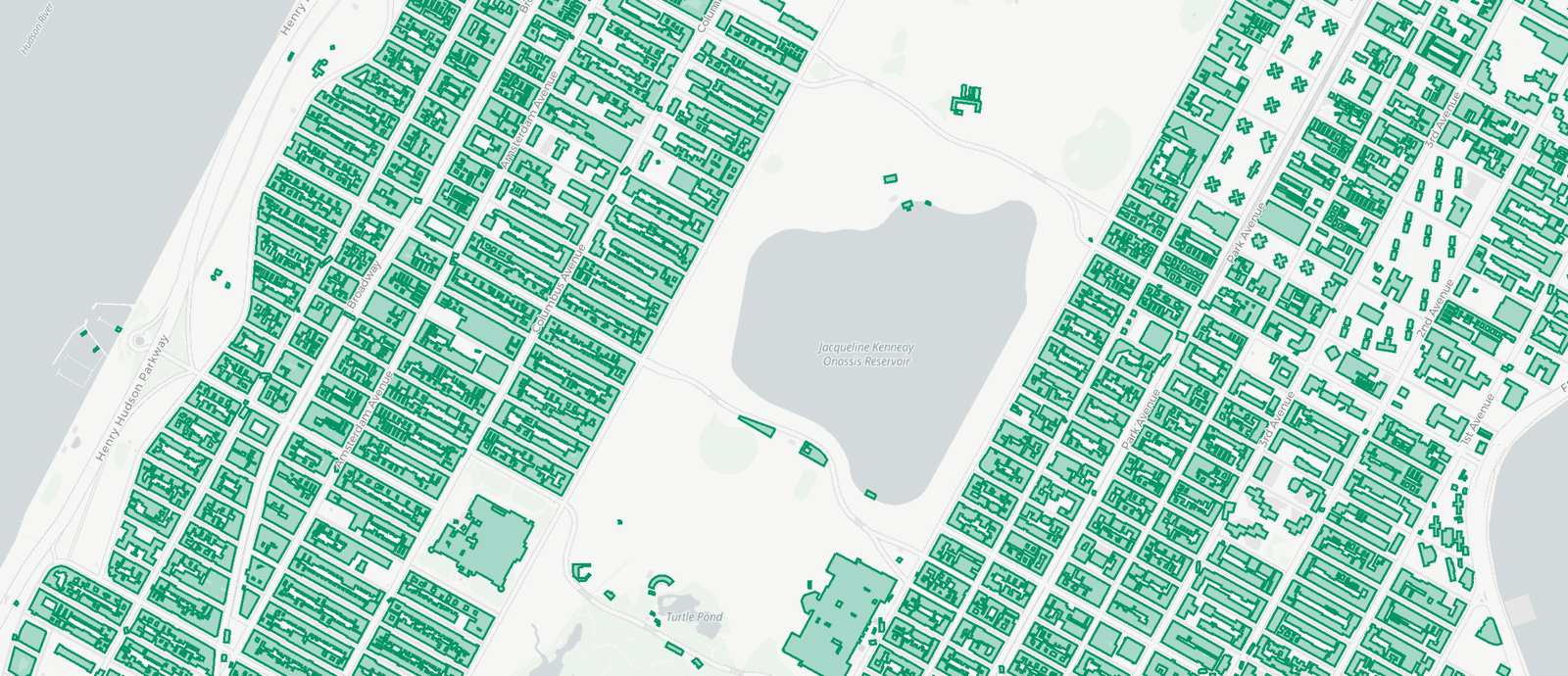 Building footprint polygons rendered as a GeoParquet layer in Wherobots-GL, covering Manhattan's Upper West and Upper East Sides around the Jacqueline Kennedy Onassis Reservoir in Central Park