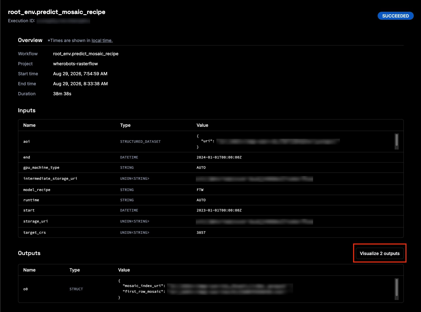 A succeeded predict_mosaic_recipe workload in Workload History, showing its Overview, Inputs, and Outputs sections, with the Visualize 2 outputs button above the outputs table