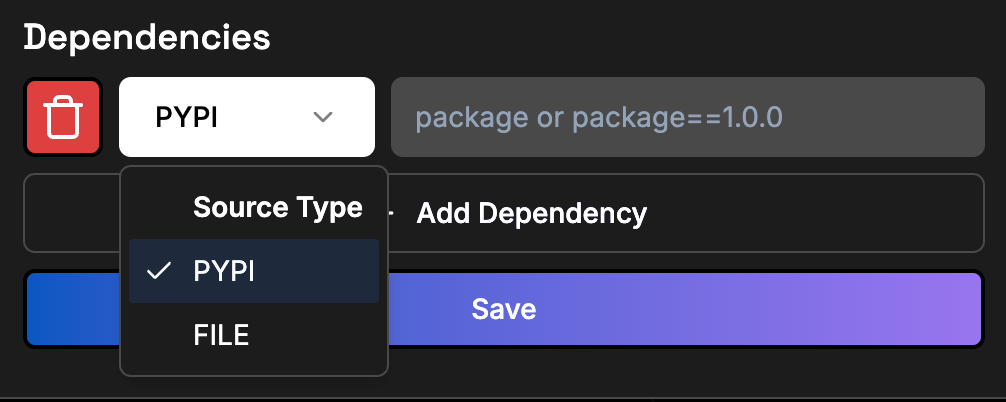 The Source Type menu of a dependency, with PYPI and FILE