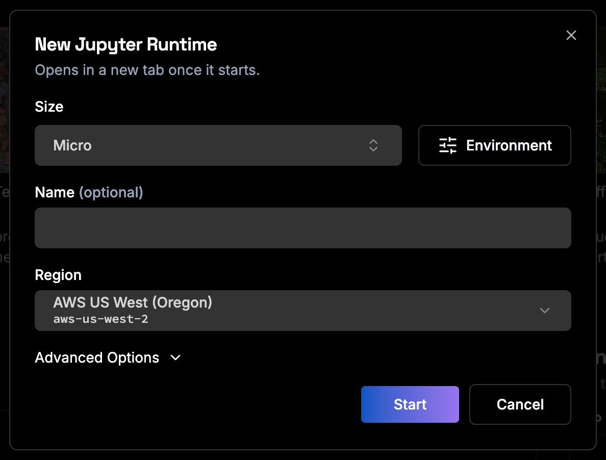 The New Jupyter Runtime dialog with the Environment button