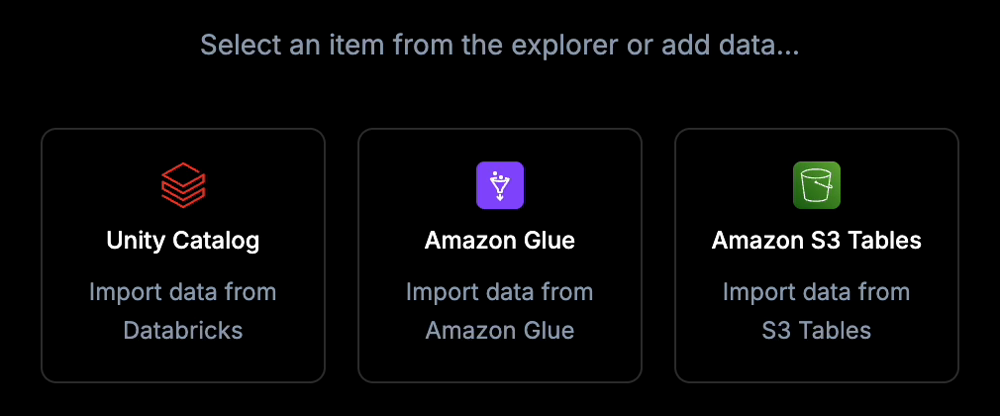 The Data Hub empty state showing the Unity Catalog, Amazon Glue, and Amazon S3 Tables cards