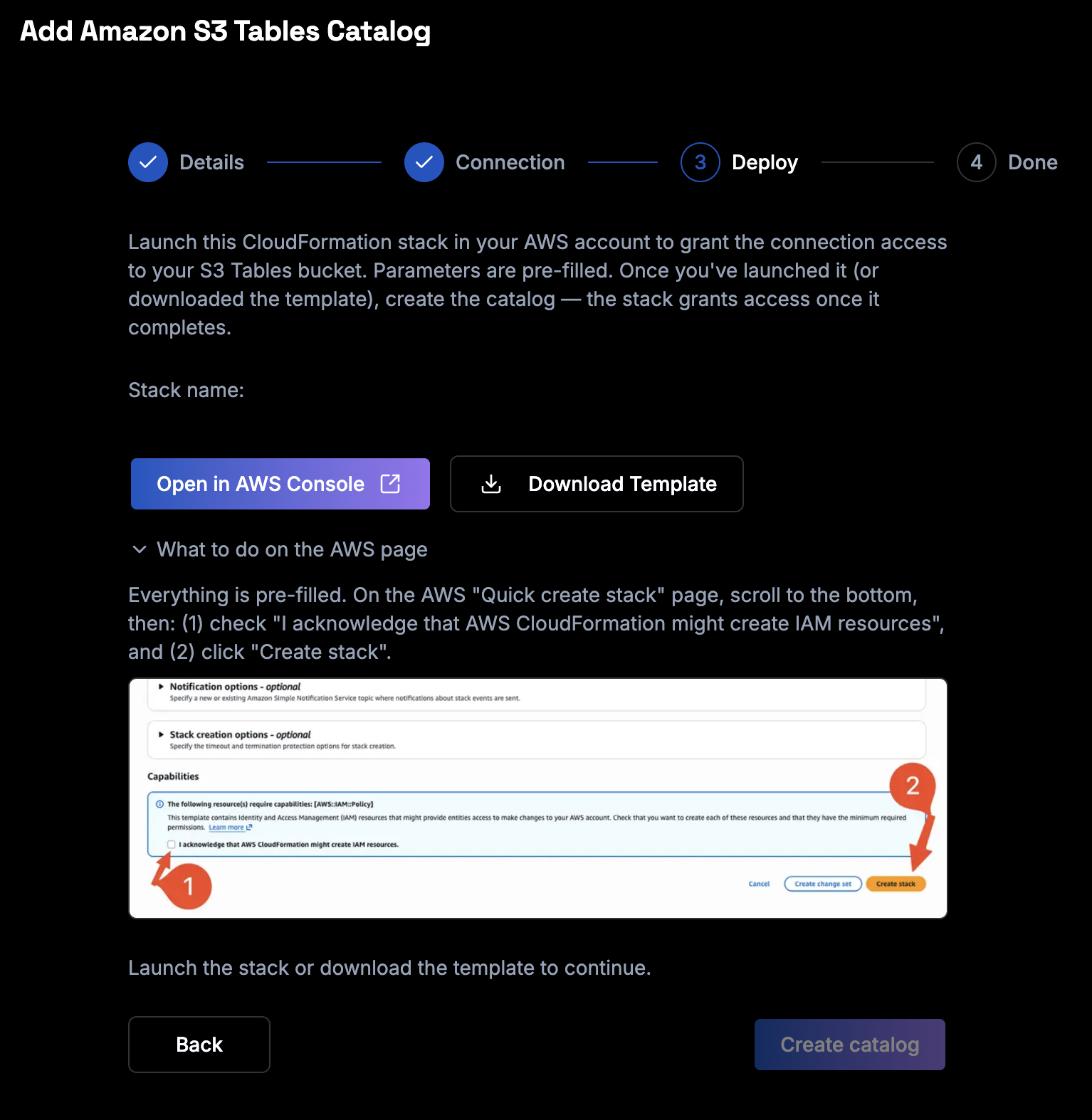 The expanded What to do on the AWS page section, showing an annotated AWS console screenshot that marks the IAM acknowledgement checkbox and the Create stack button