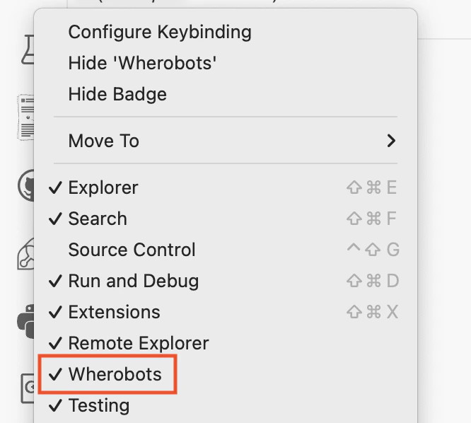 Wherobots extension checked in the Activity Bar