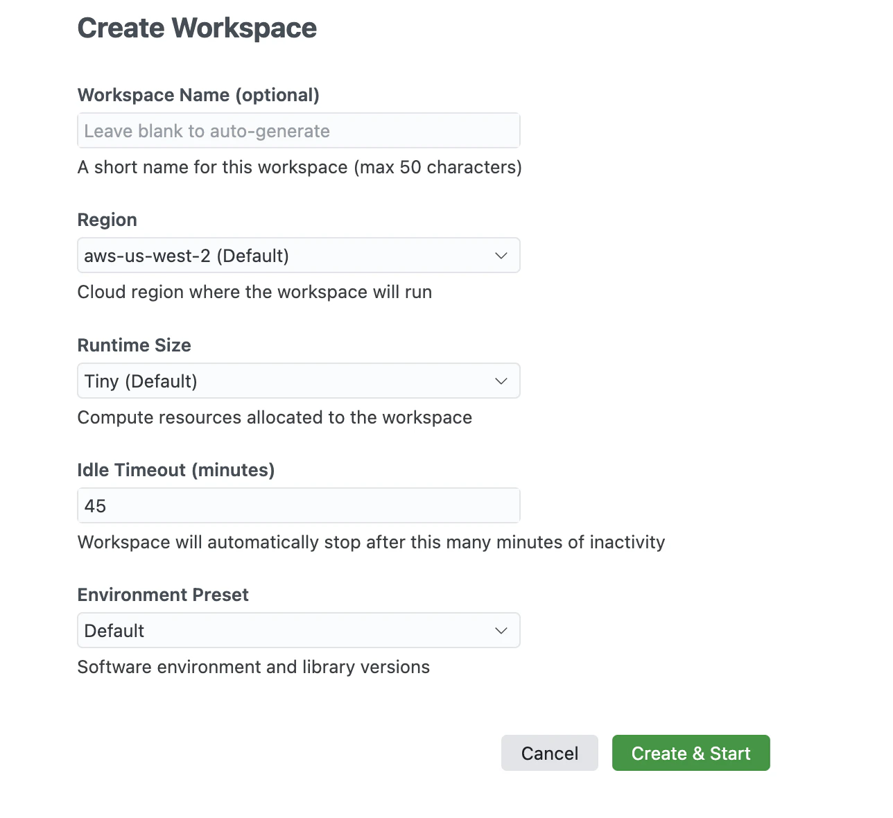 Create Workspace runtime configuration