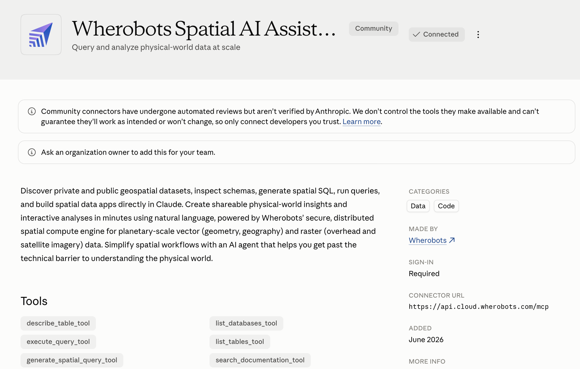 Wherobots in Claude Directory