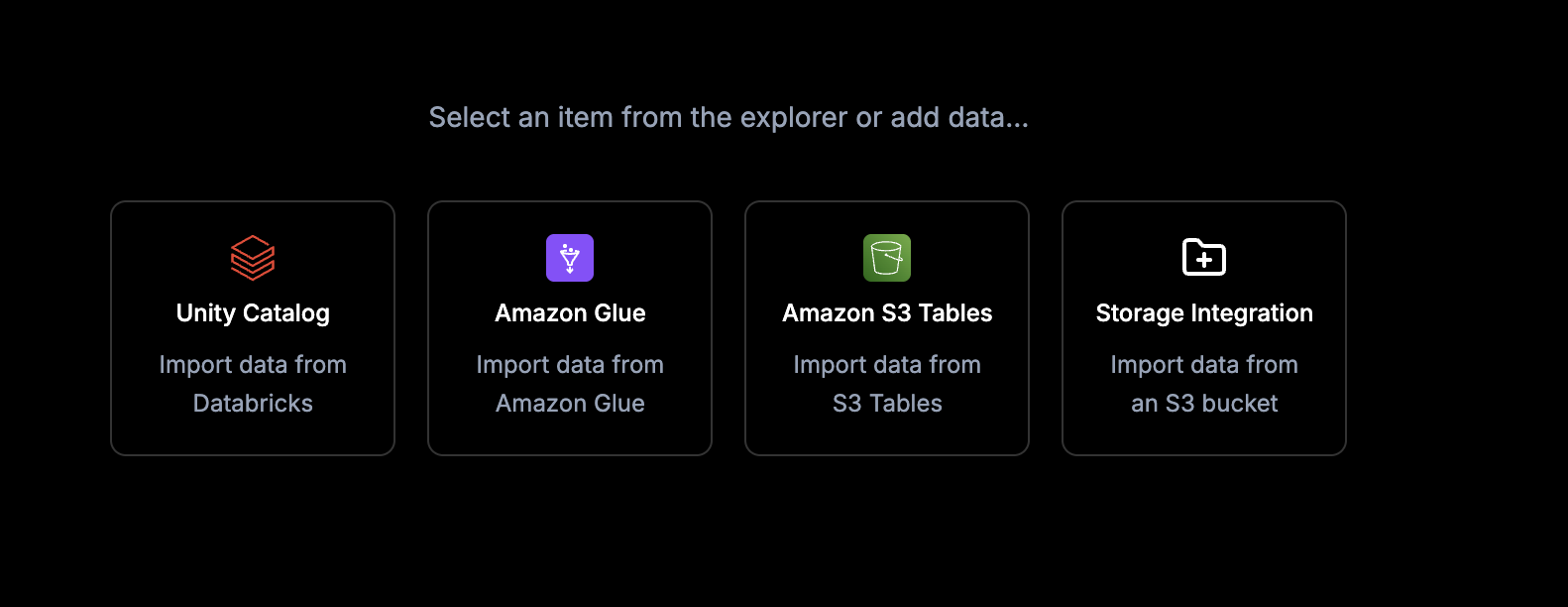 The Data Hub empty state showing the Unity Catalog, Amazon Glue, and Storage Integration cards