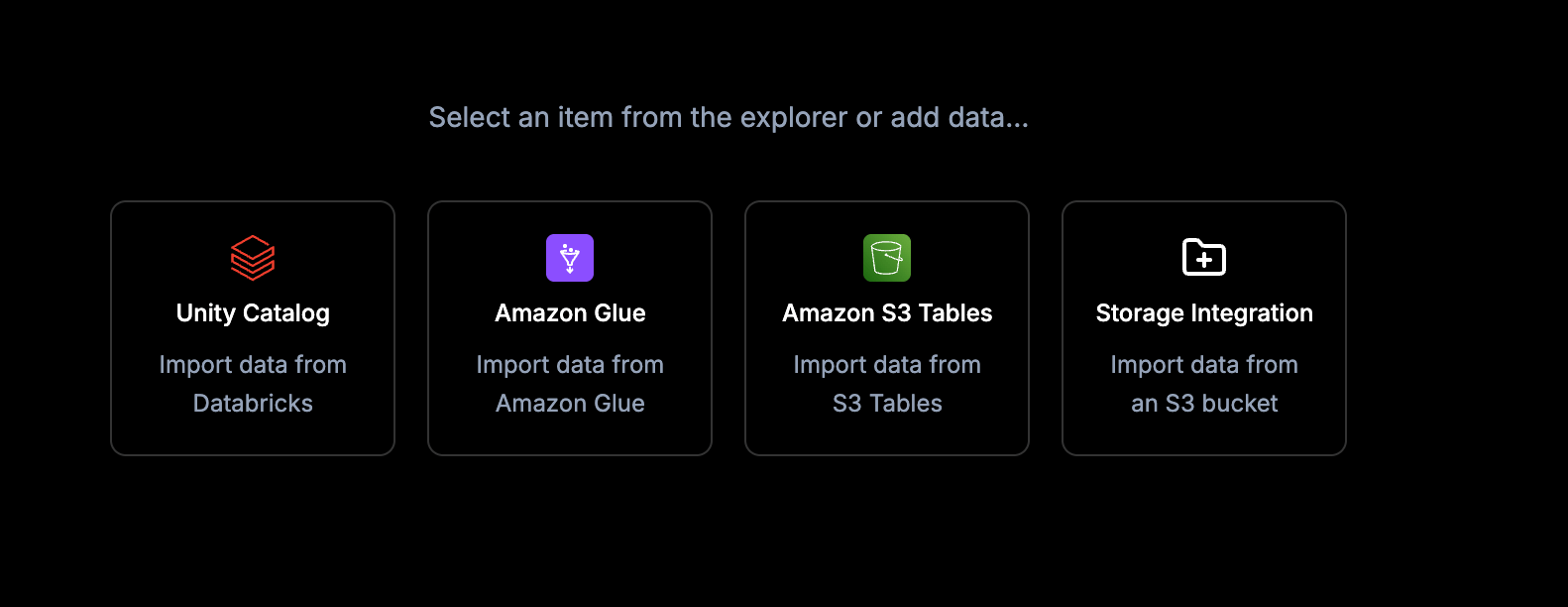The Data Hub empty state showing the Unity Catalog, Amazon Glue, and Storage Integration cards