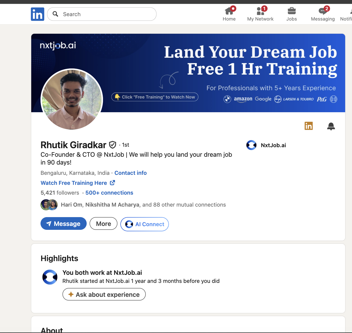 LinkedIn profile showing the AI Connect button next to the More button in the profile action bar