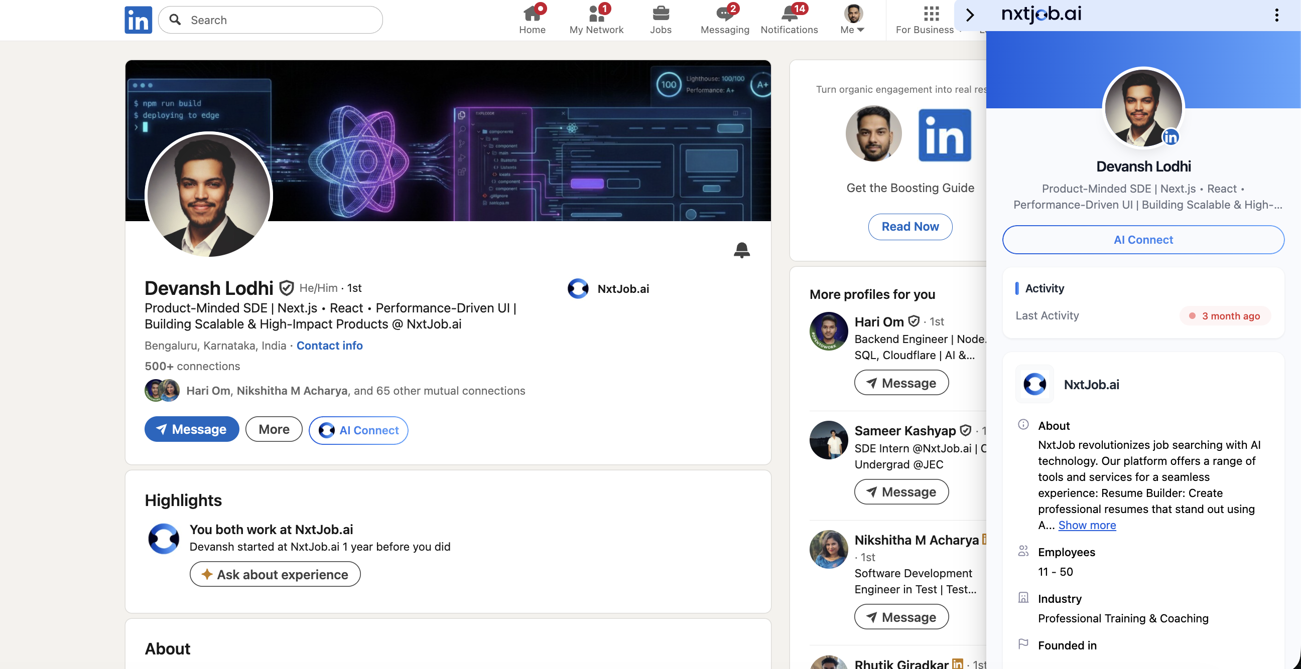 LinkedIn profile with the extension sidebar open, showing the person's name, AI Connect button, Activity section, About section, Employees count, and Industry info
