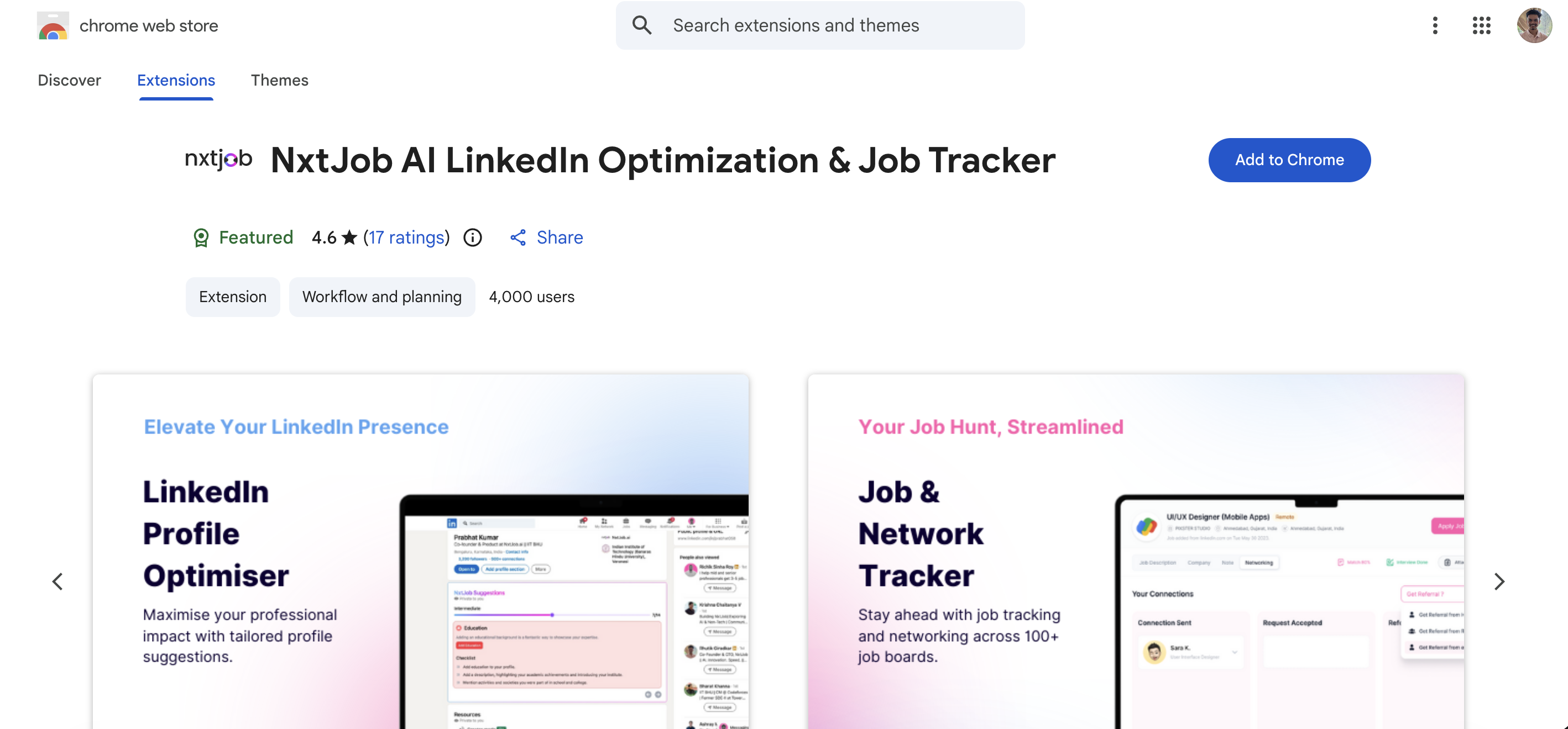 NxtJob Chrome Extension listing on the Chrome Web Store