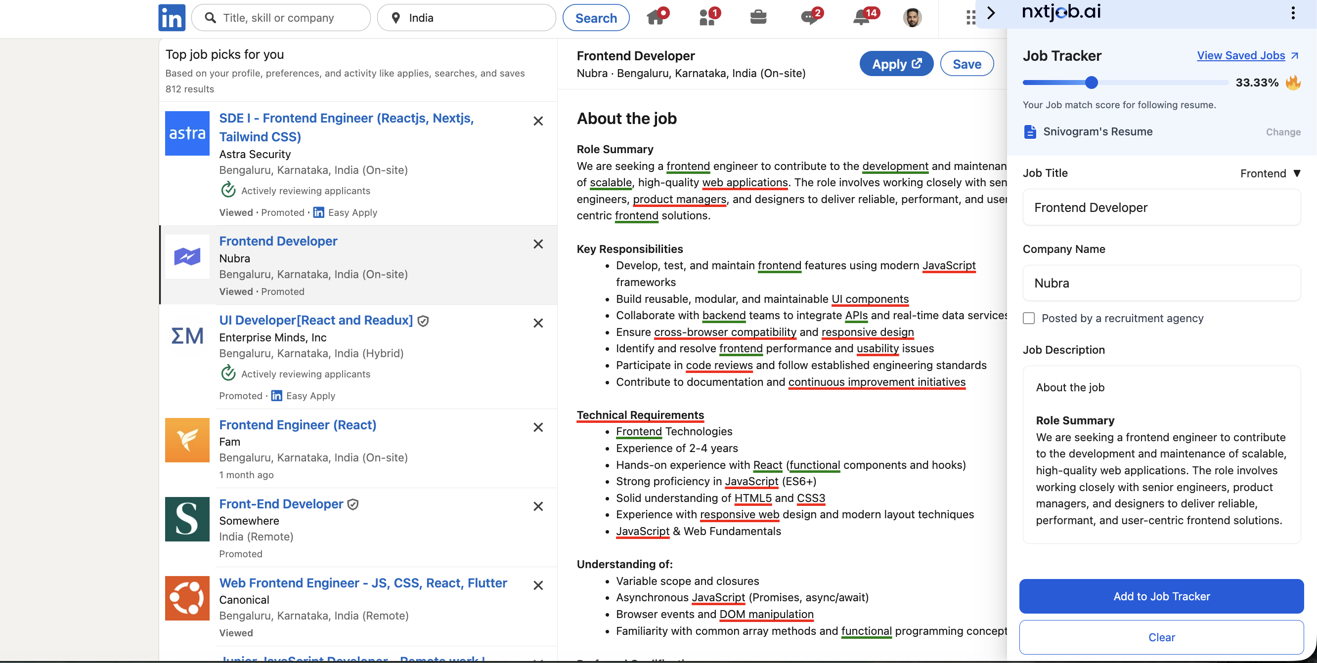 A LinkedIn job description with green and red keyword highlights overlaid by the NxtJob extension