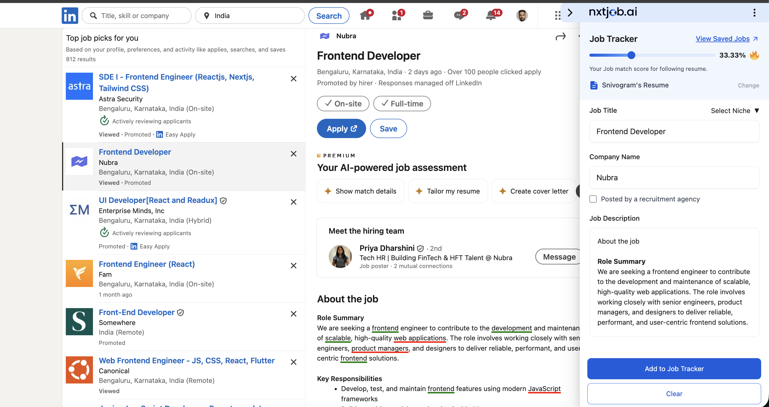 LinkedIn job page with the NxtJob sidebar open, showing the Job Tracker form with a 33.33% ATS match score