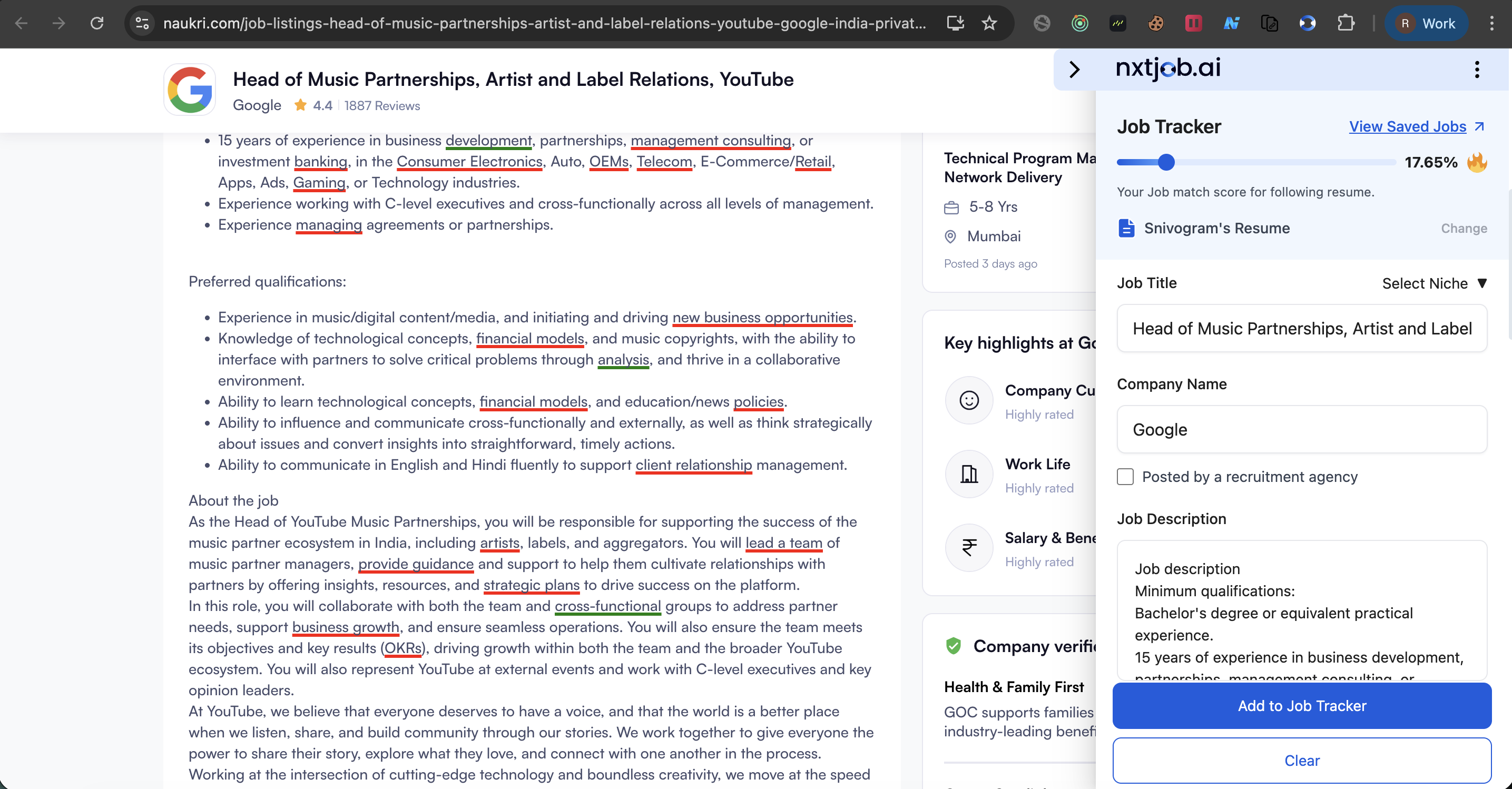 Naukri job page with the NxtJob sidebar open, showing the Job Tracker form with a 17.65% ATS match score