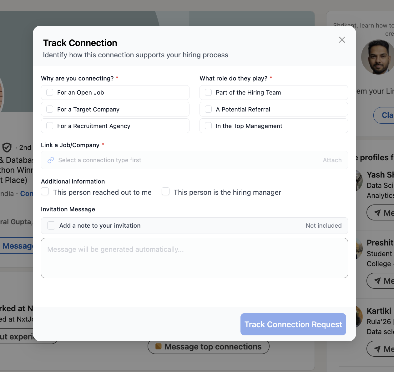Track Connection modal showing the Why are you connecting, What role do they play, Link a Job/Company, Additional Information, and Invitation Message fields