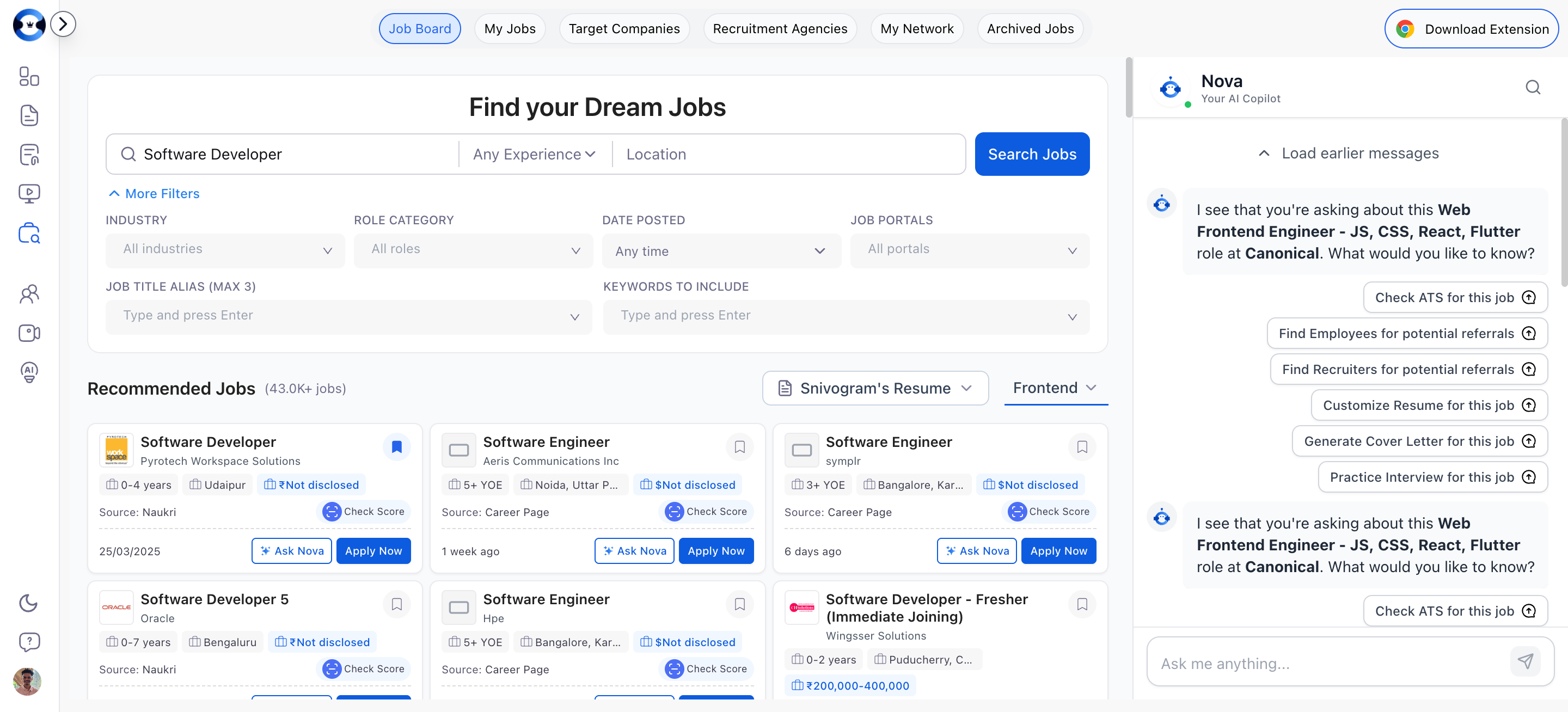 Ask Nova modal showing AI-powered job actions