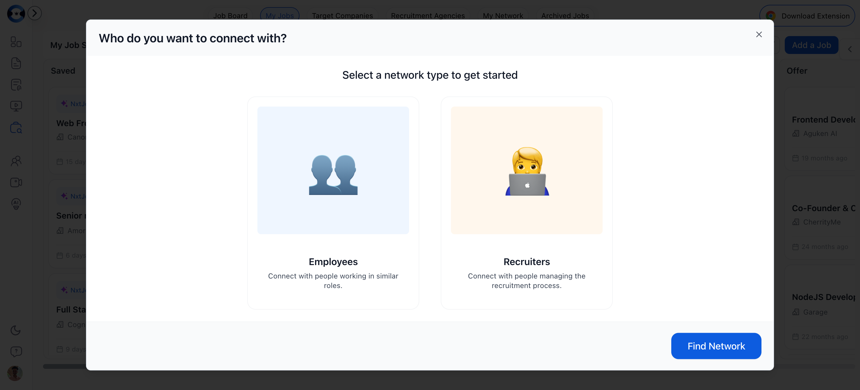 Find Network panel showing employee search results with filters
