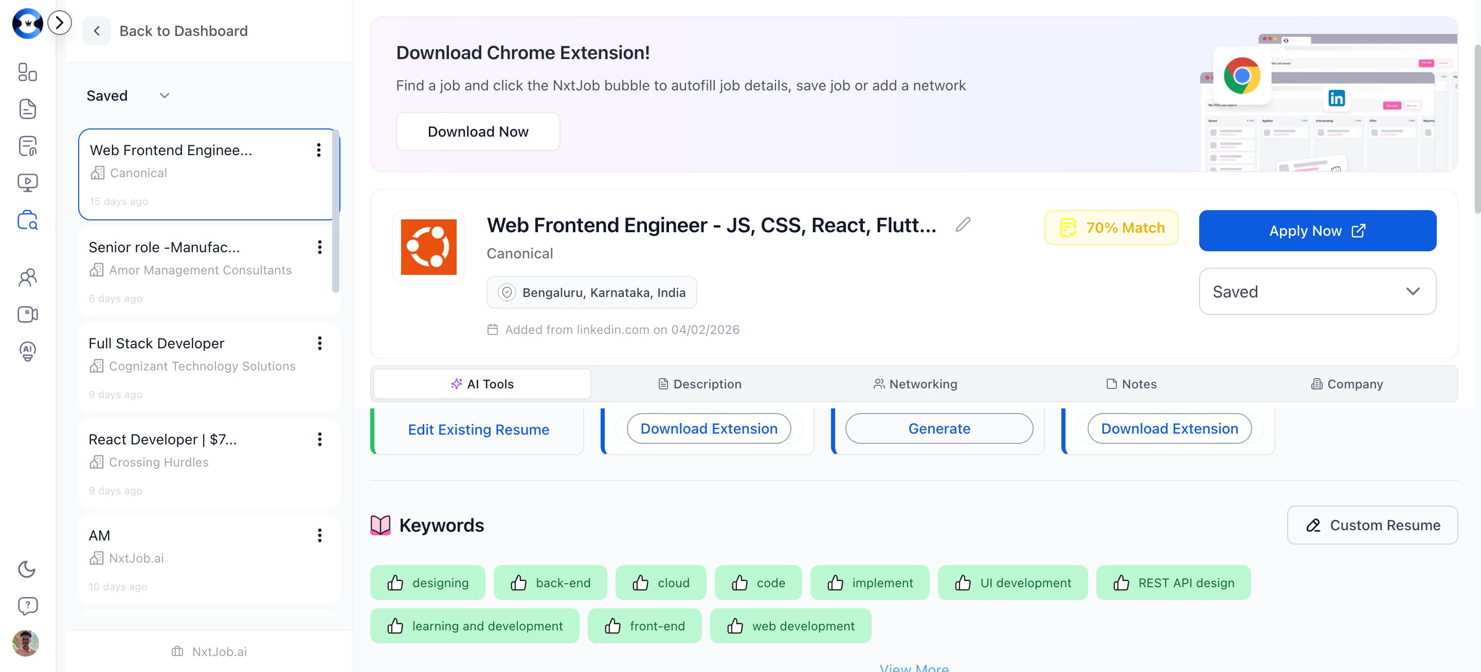 Job detail view showing tabs, description, and action buttons