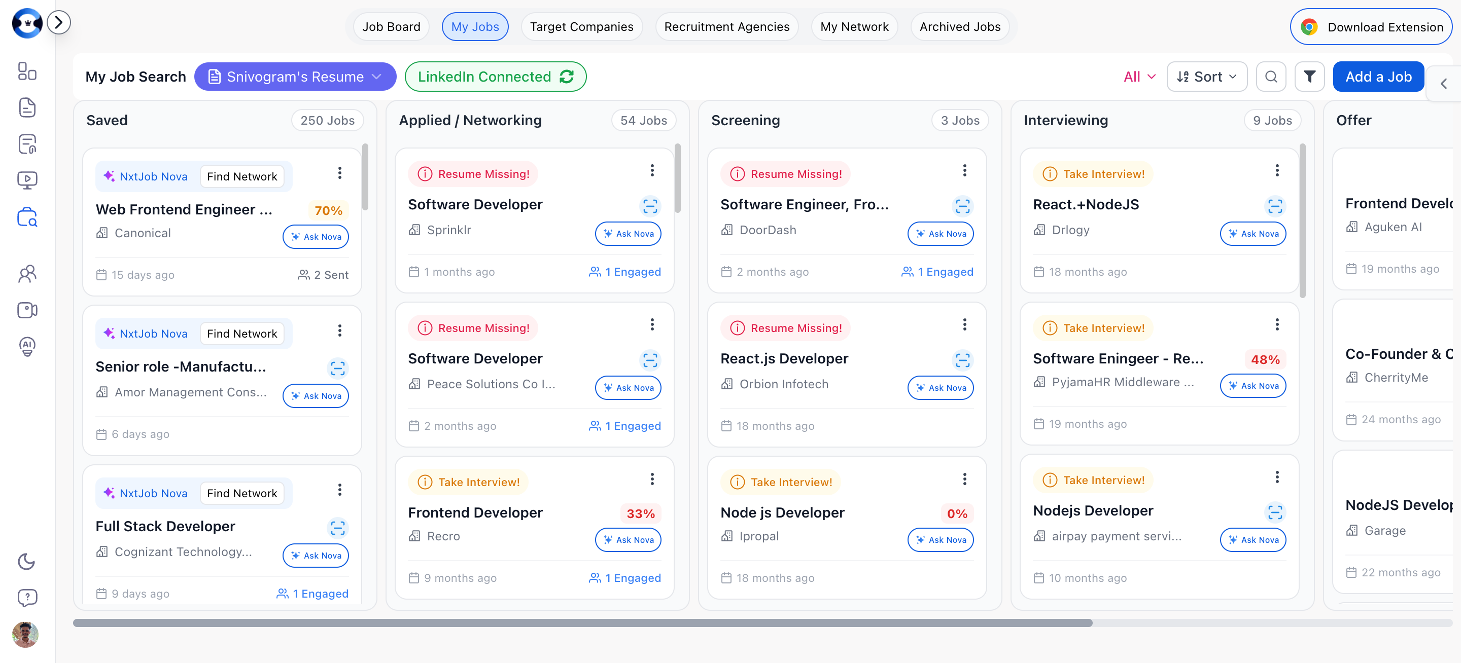 My Jobs kanban board showing job pipeline columns