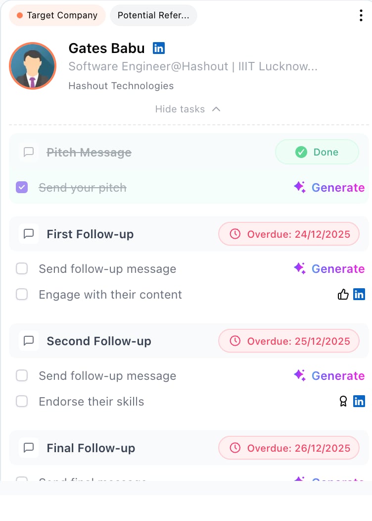 Networking task stages showing pitch message and follow-up sequence