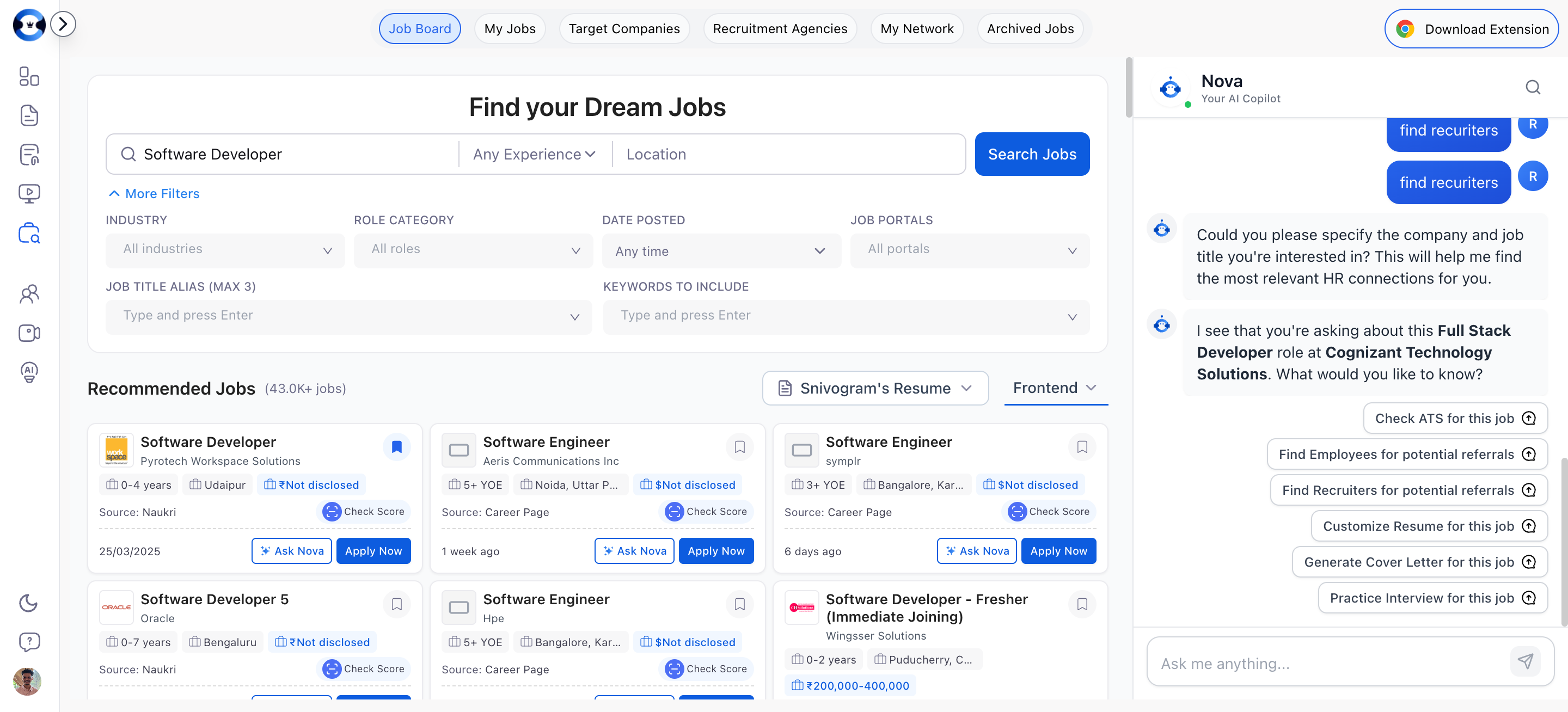 Filter panel expanded showing Industry, Role, Portals, and Keywords filters