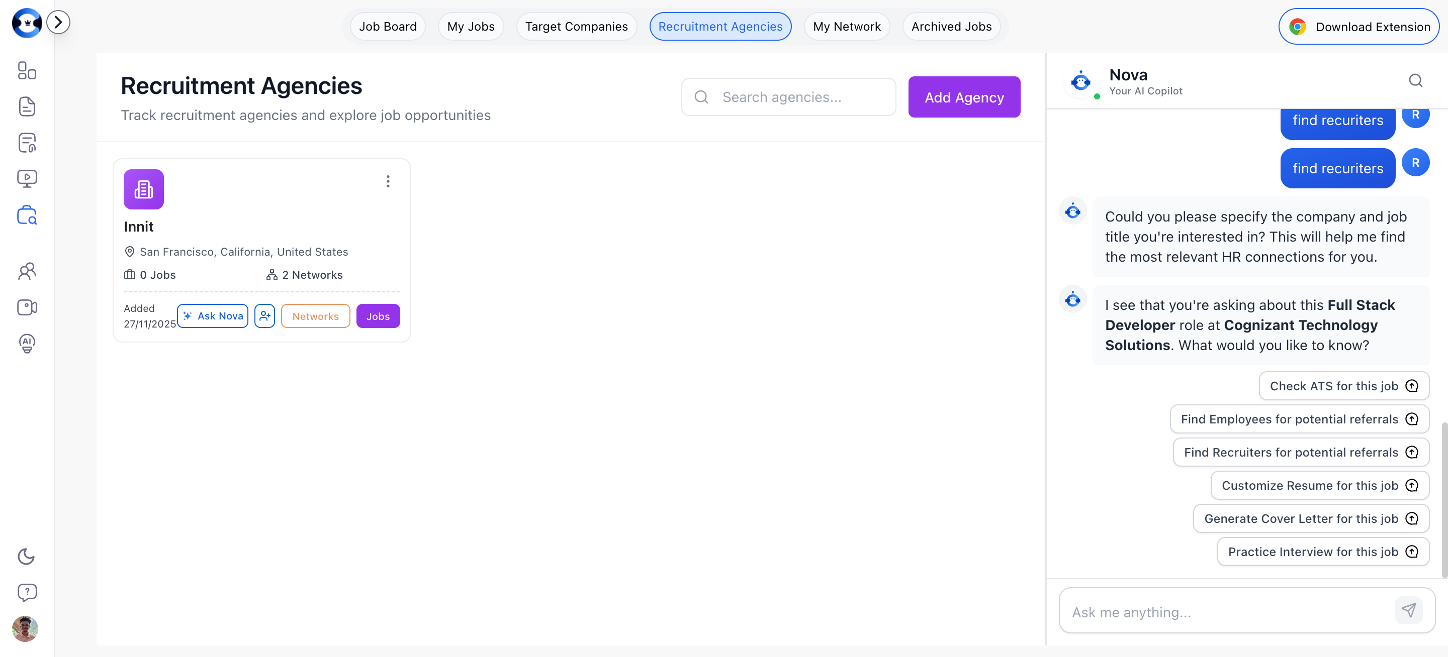 Recruitment Agencies board showing agency cards with action buttons