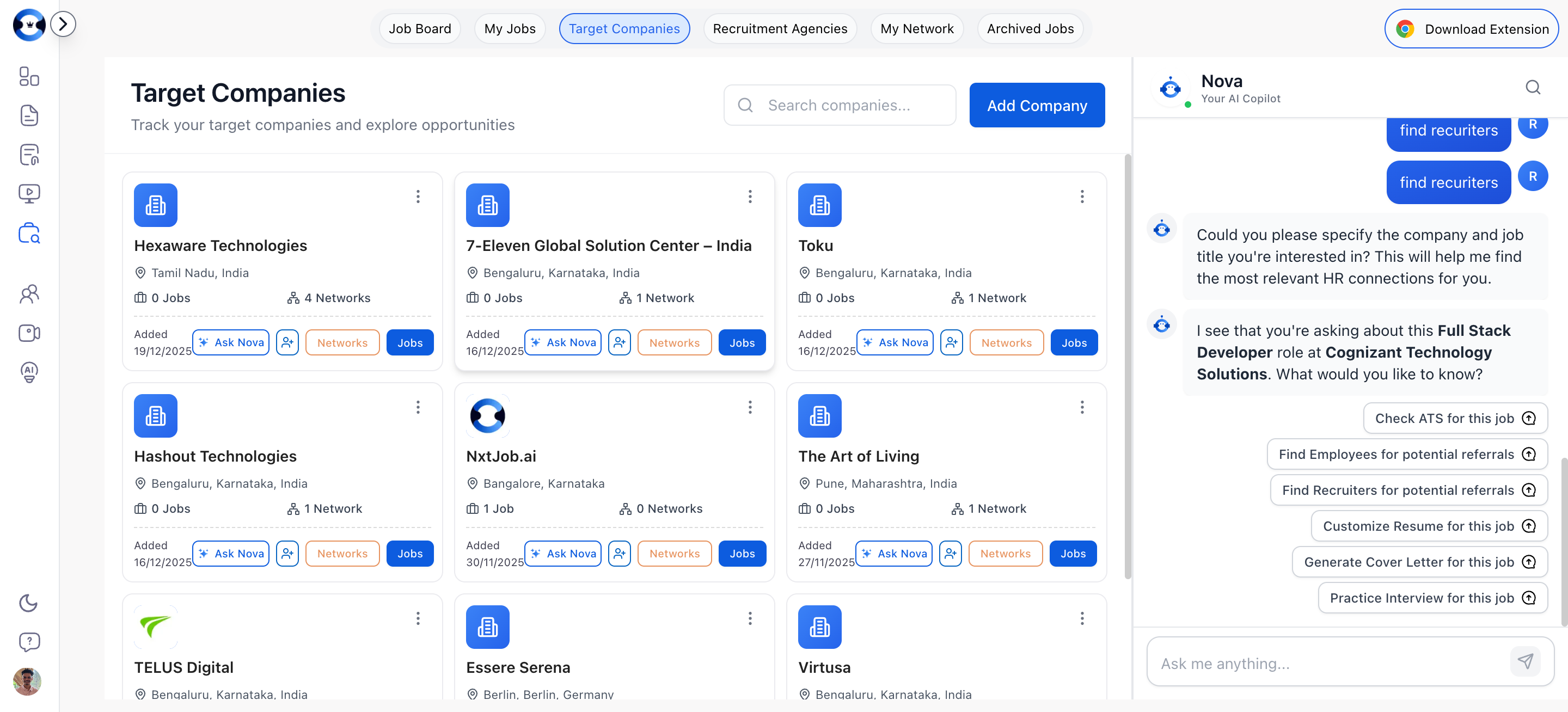 Target Companies board showing company cards with action buttons