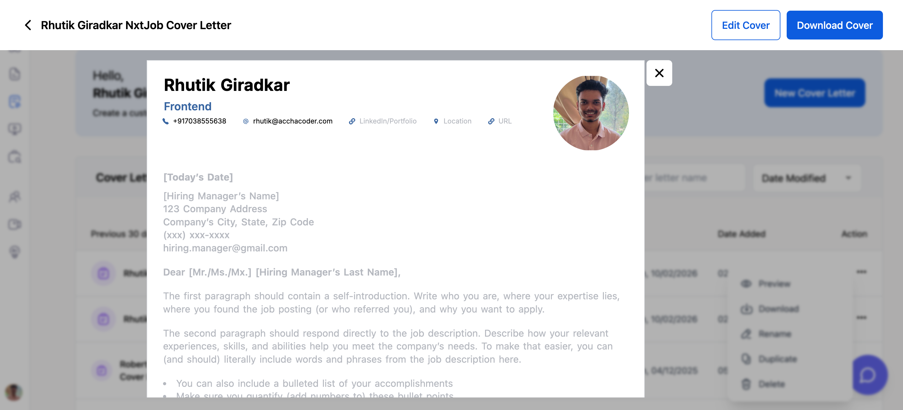 Full-page preview modal showing the cover letter as it will appear when downloaded