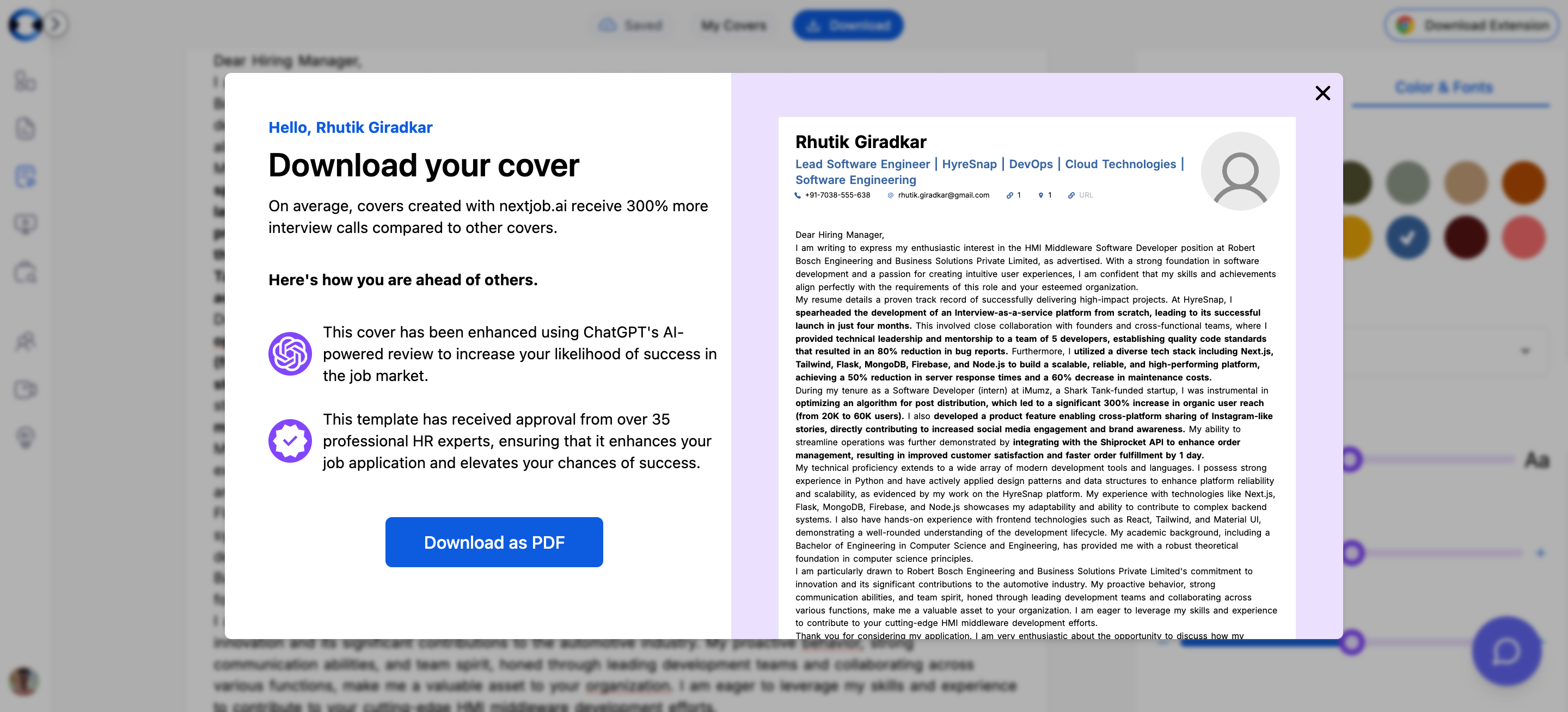 Download modal showing a scaled preview of the cover letter with a Download as PDF button