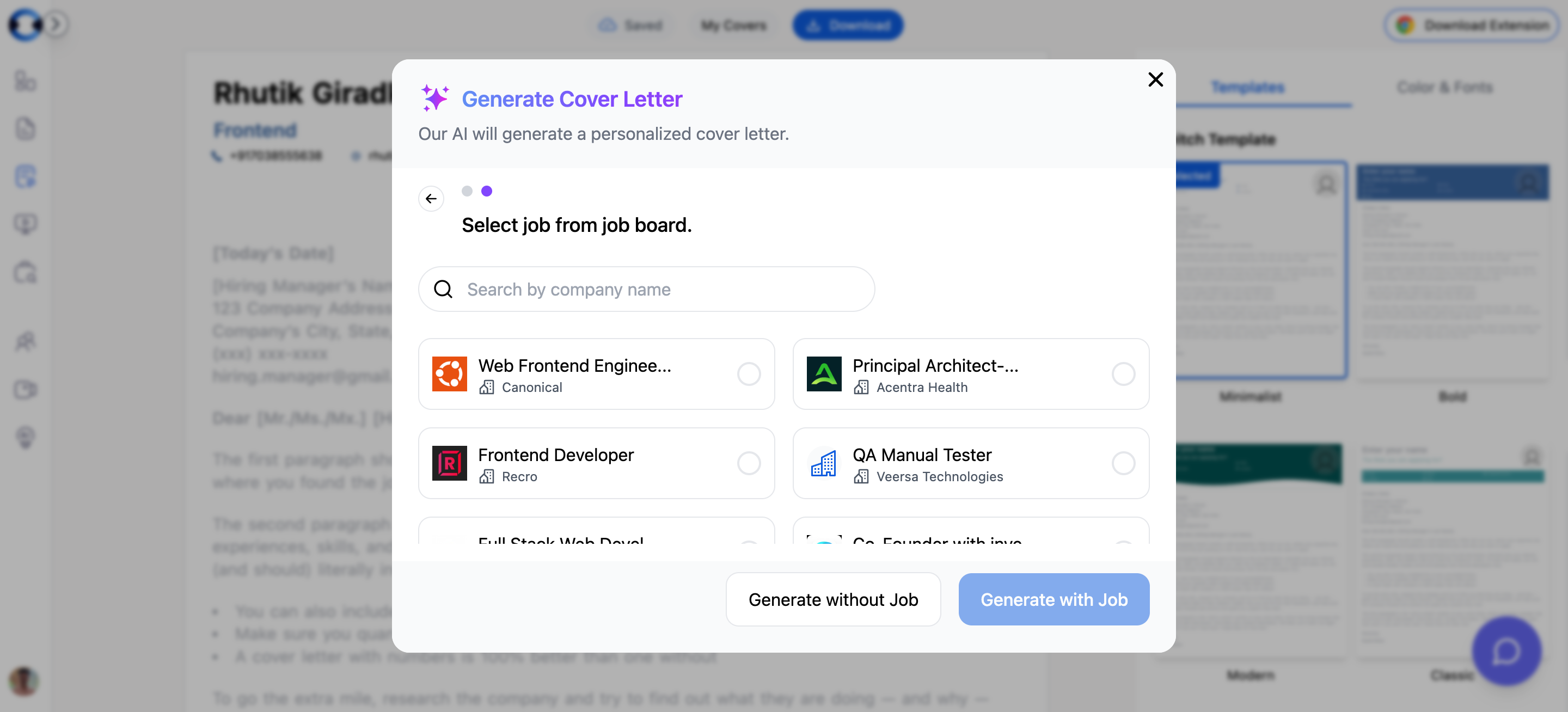 Generation modal Step 2 showing job selection with search and job cards