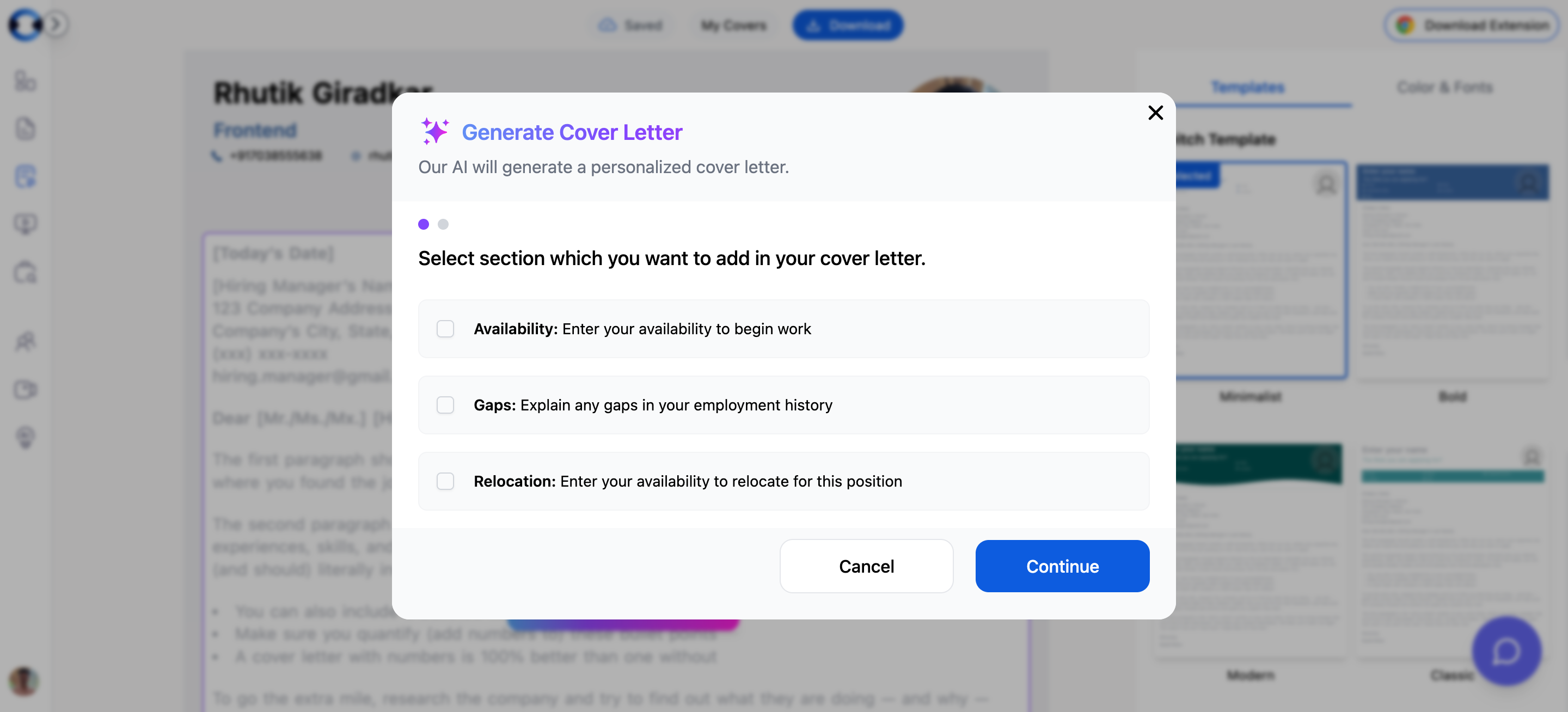 Generation modal Step 1 showing optional sections for Availability, Employment Gaps, and Relocation