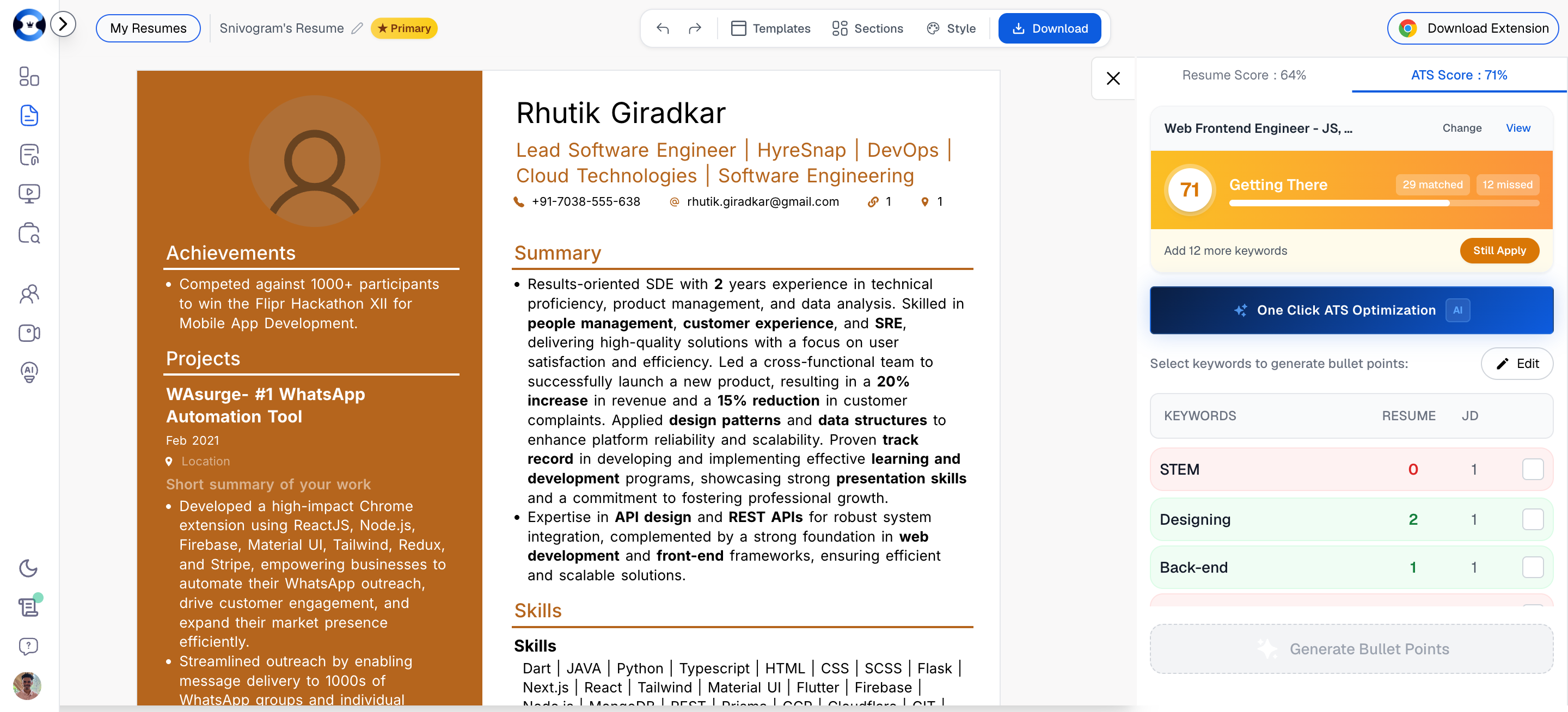 ATS Score tab showing score, matched and missed keywords, and optimization options