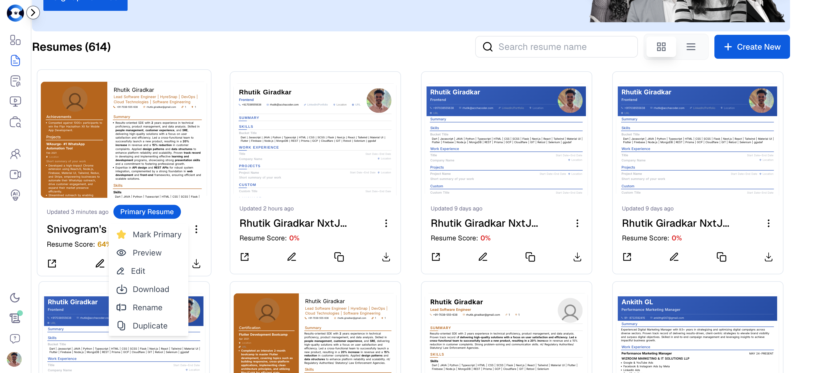 Resume card action icons and three-dot menu