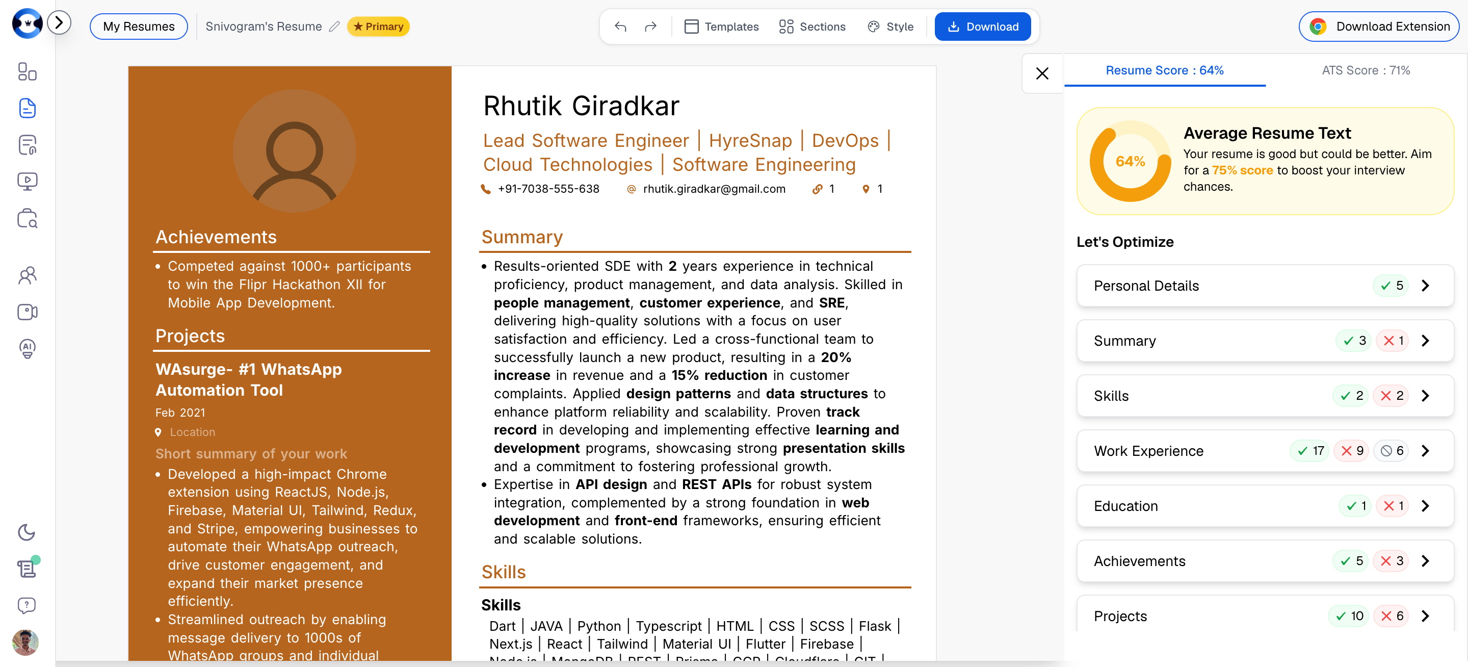 Resume Score panel showing optimization categories with AI fix options