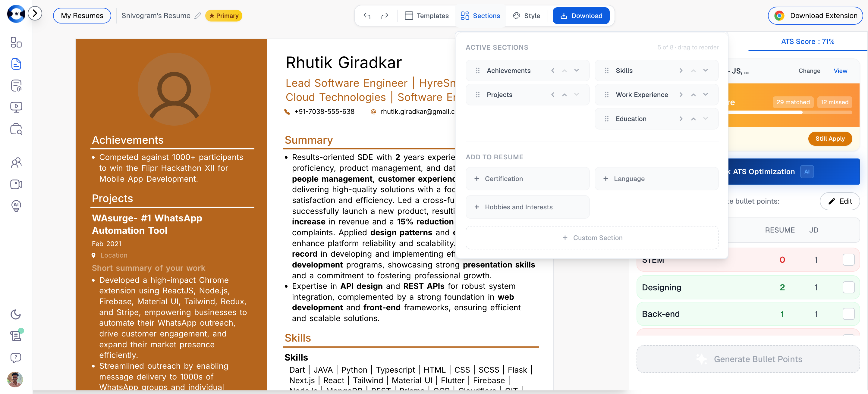 Sections panel showing Active Sections list and Add to Resume options