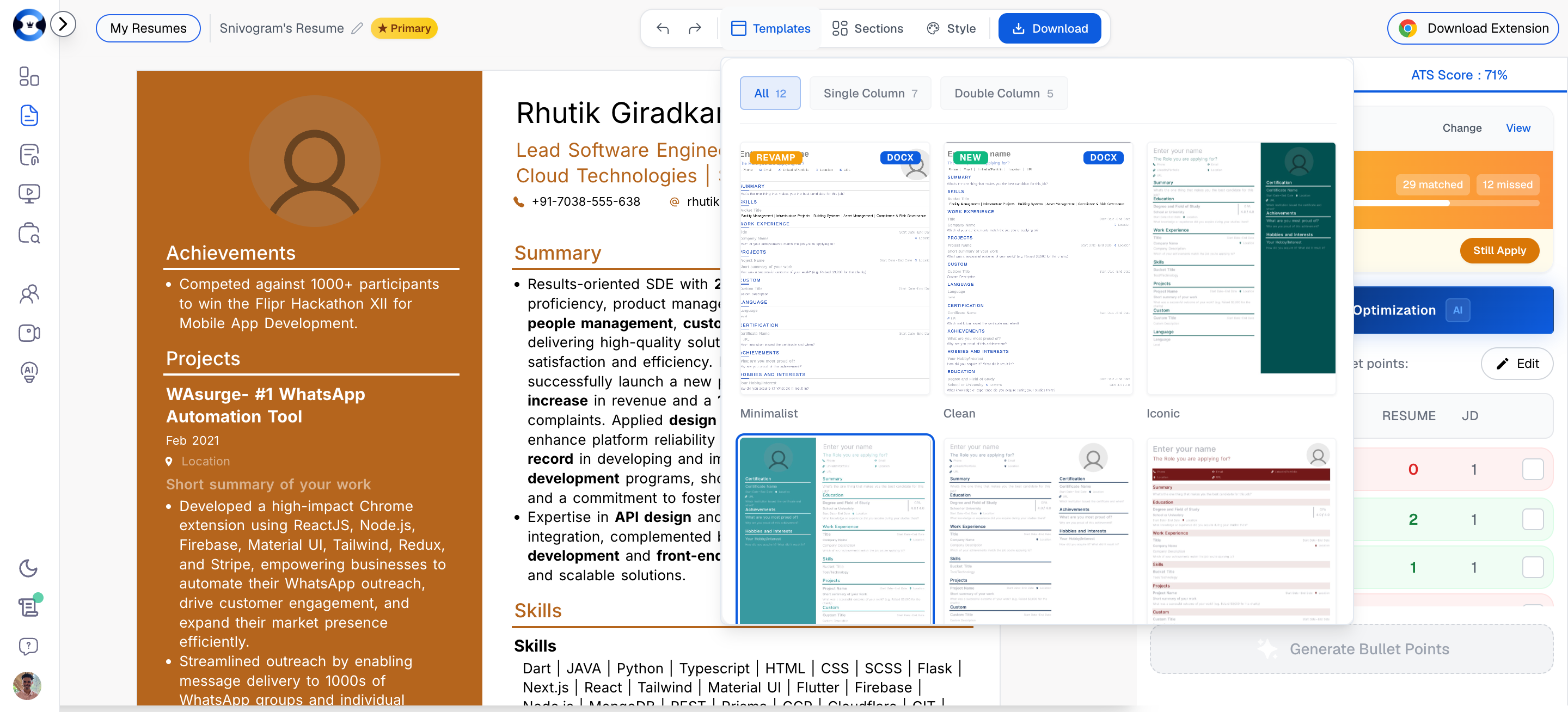 Templates panel showing All, Single Column, and Double Column filter tabs with 12 template options