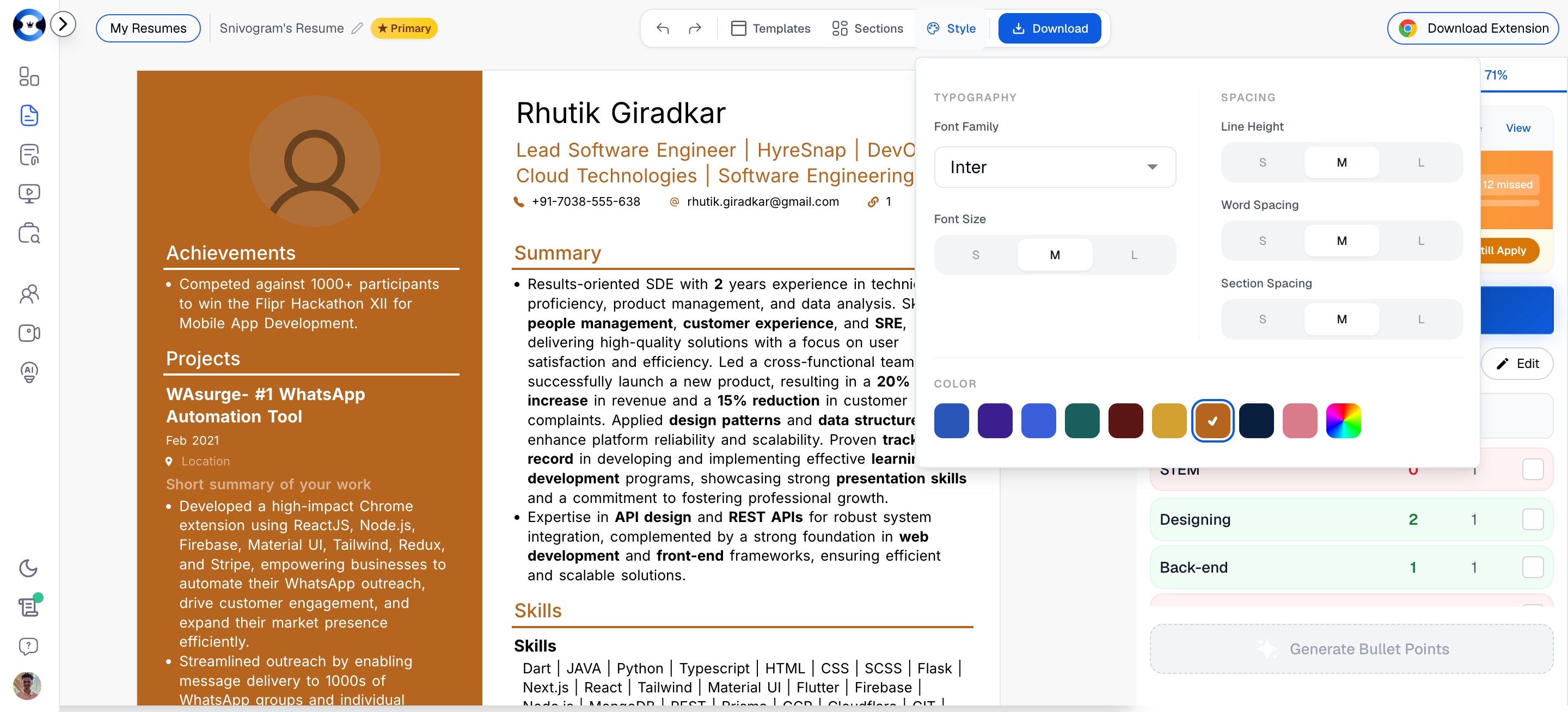 Top toolbar showing resume name, undo/redo buttons, and navigation tabs